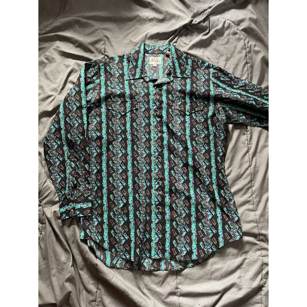 New Men’s Black Blue ELY Cattleman Long Sleeve Pearl Snap Shirt. 16.5x34 Sz L